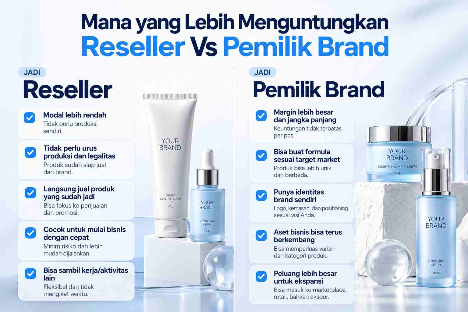 Perbandingan keuntungan reseller vs pemilik brand kosmetik Balikpapan