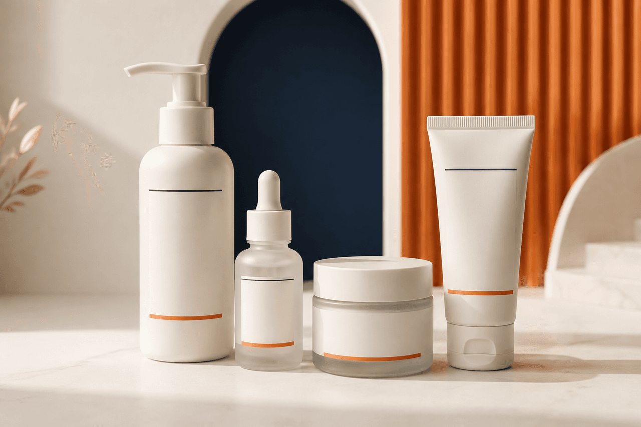 Contoh rangkaian cleanser, serum, moisturizer, dan sunscreen untuk produk after-treatment klinik. Label kemasan menggunakan YOUR BRAND.